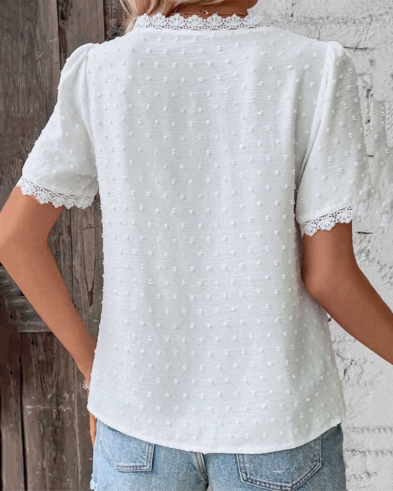 Stylish Blouse for Women Swiss-Dot Lace-Trim V-Neck
