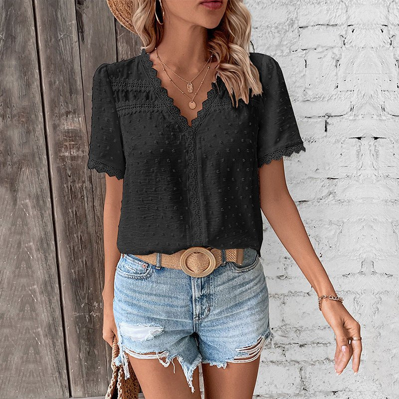 Stylish Blouse for Women Swiss-Dot Lace-Trim V-Neck