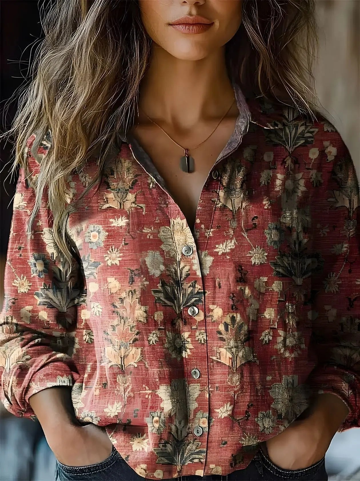 Stylish Blouse for Women Floral Long-Sleeve Button-Up
