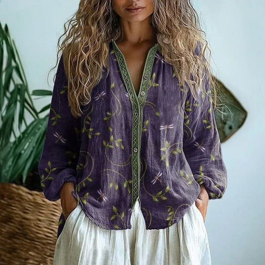 Stylish Blouse for Women Floral V-Neck Button-Down