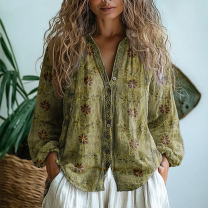 Stylish Blouse for Women Floral V-Neck Button-Down