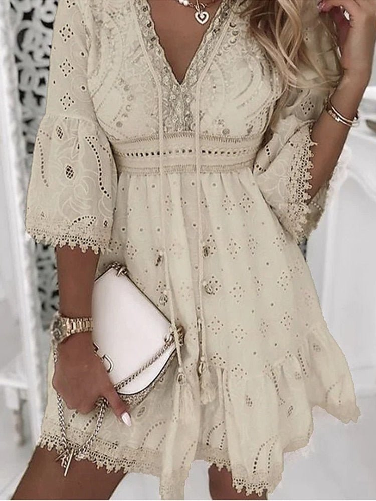 Effortless Mini Dress for Women V-Neck Bell-Sleeve Lace