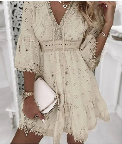 Effortless Mini Dress for Women V-Neck Bell-Sleeve Lace