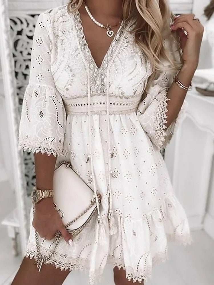 Effortless Mini Dress for Women V-Neck Bell-Sleeve Lace