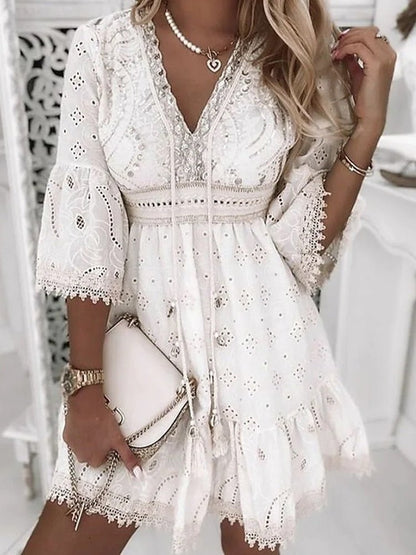 Effortless Mini Dress for Women V-Neck Bell-Sleeve Lace