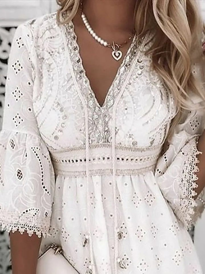 Effortless Mini Dress for Women V-Neck Bell-Sleeve Lace