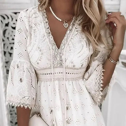 Effortless Mini Dress for Women V-Neck Bell-Sleeve Lace