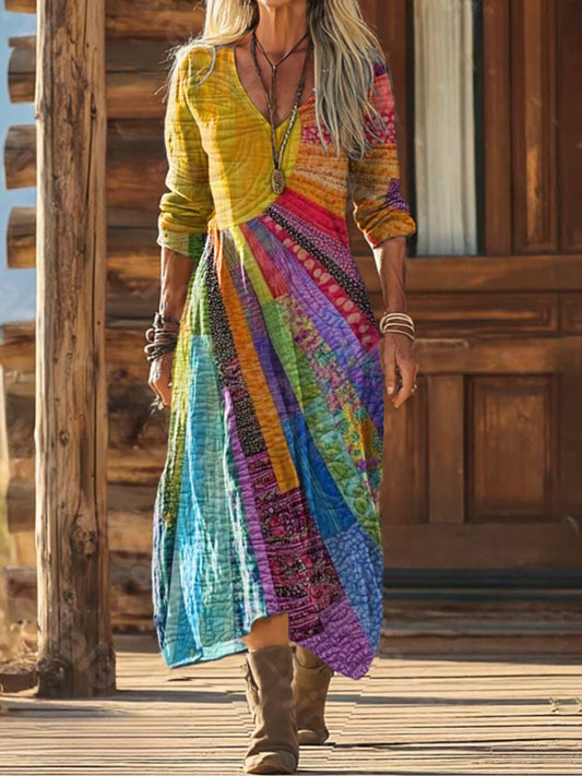 Elegant Maxi Dress for Women V-Neck Patchwork-Print Long-Sleeve