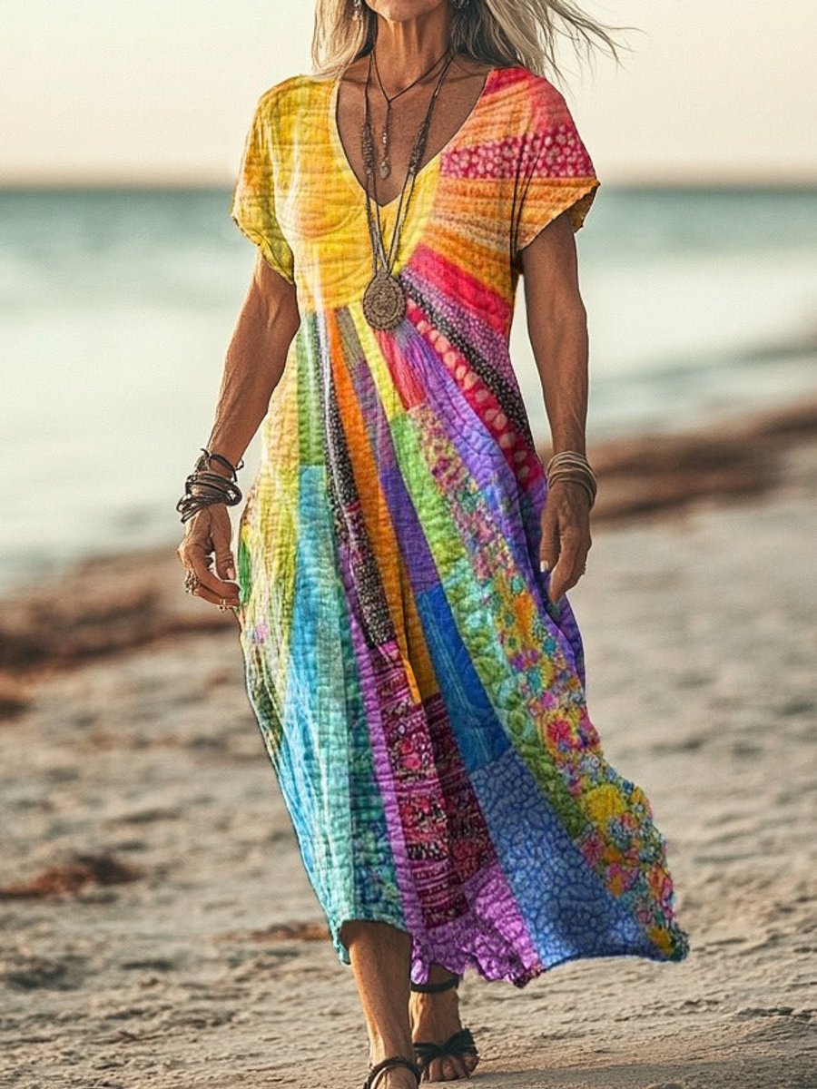 Elegant Maxi Dress for Women V-Neck Patchwork-Print Long-Sleeve