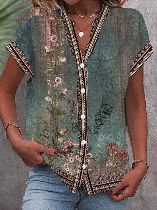 Effortless Blouse for Women V-Neck Short-Sleeve Floral-Print