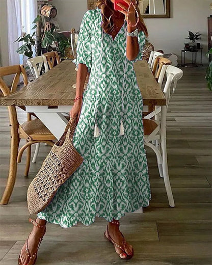 Elegant Maxi Dress for Women V-Neck Tassel-Tie Flowy