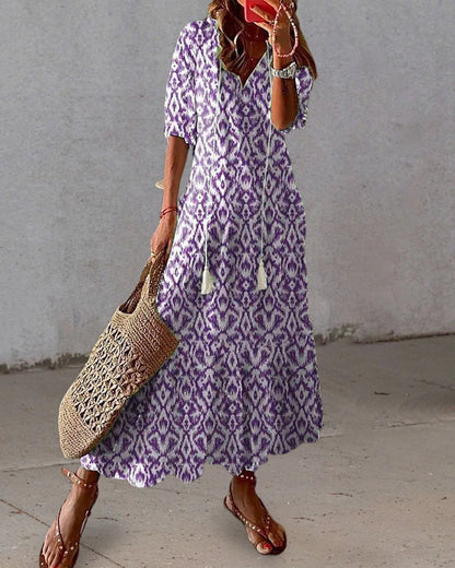Elegant Maxi Dress for Women V-Neck Tassel-Tie Flowy