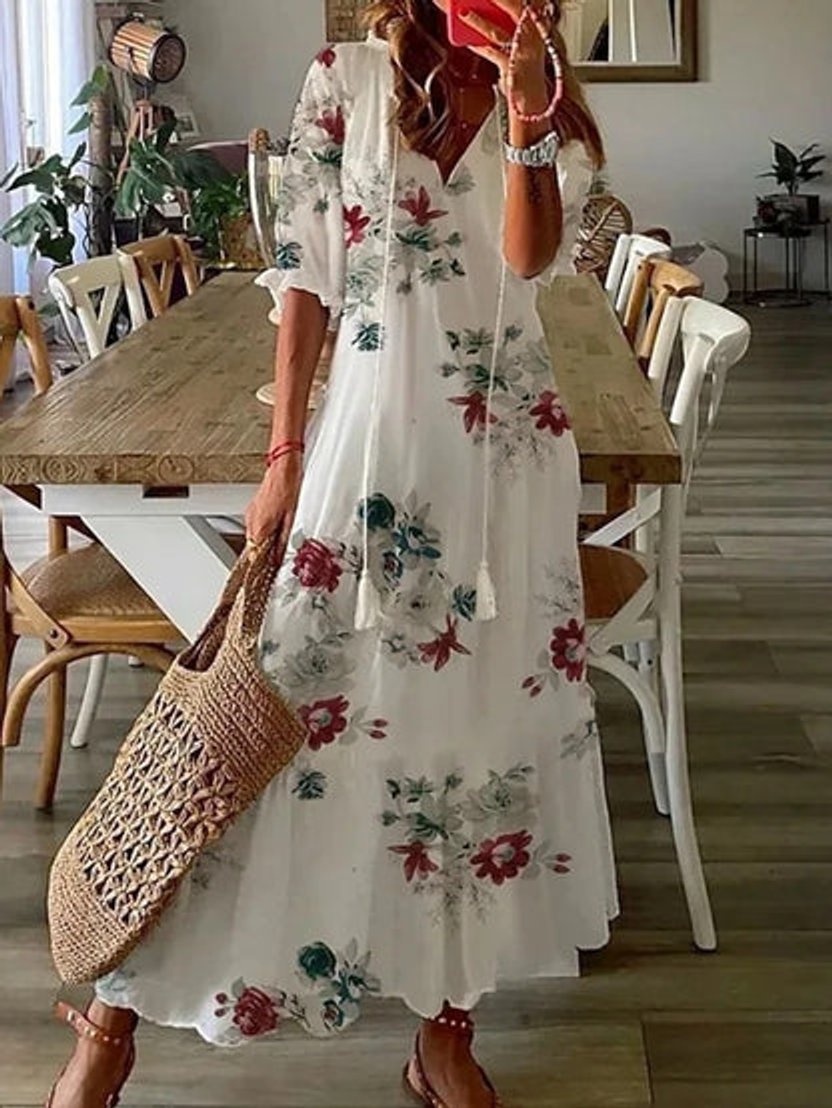 Elegant Maxi Dress for Women V-Neck Tassel-Tie Flowy