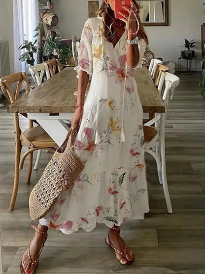 Elegant Maxi Dress for Women V-Neck Tassel-Tie Flowy