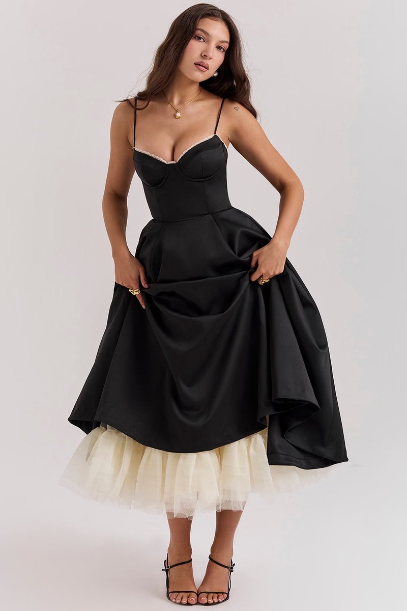 Elegant Midi Dress for Women Bustier Satin Flared
