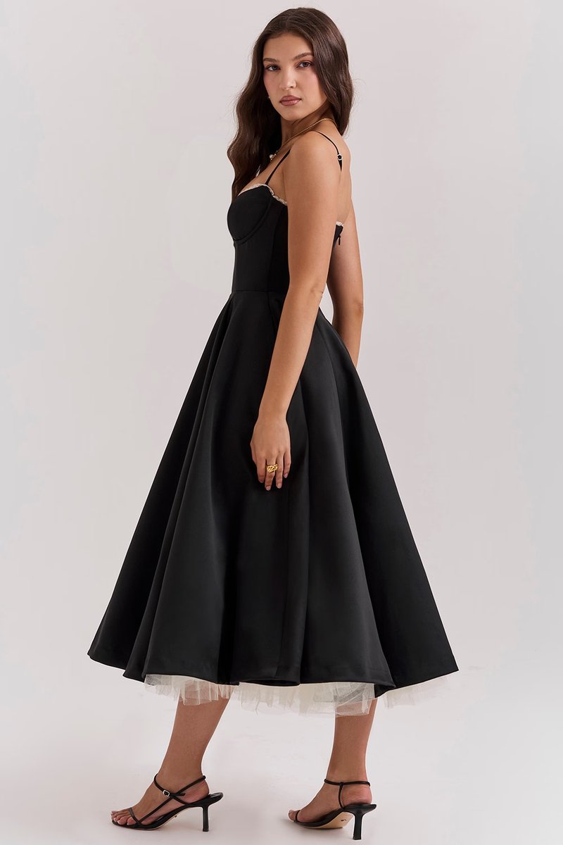 Elegant Midi Dress for Women Bustier Satin Flared