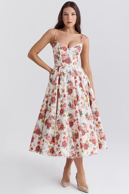 Elegant Midi Dress for Women Bustier Satin Flared