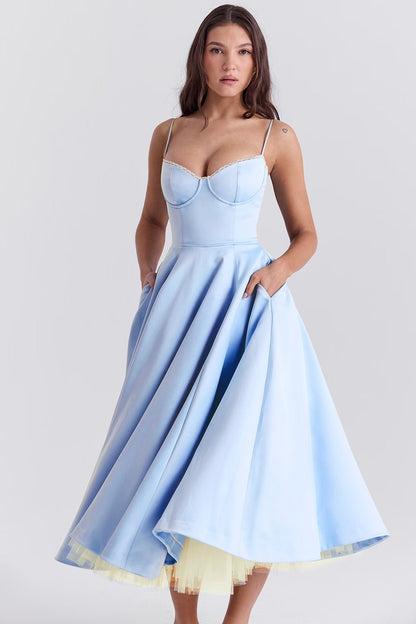Elegant Midi Dress for Women Bustier Satin Flared