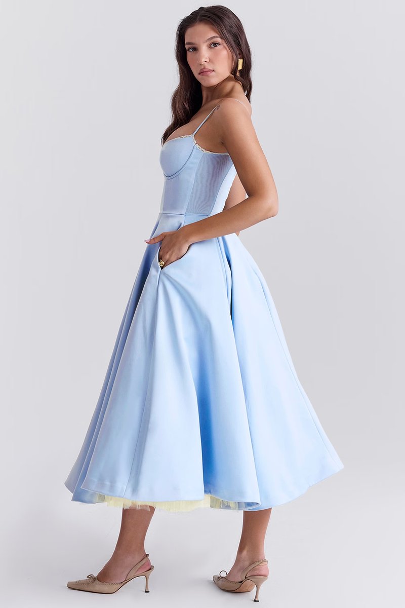 Elegant Midi Dress for Women Bustier Satin Flared