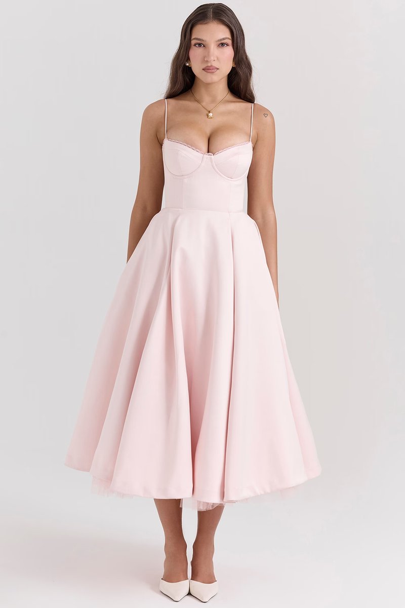 Elegant Midi Dress for Women Bustier Satin Flared