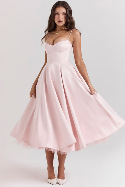 Elegant Midi Dress for Women Bustier Satin Flared