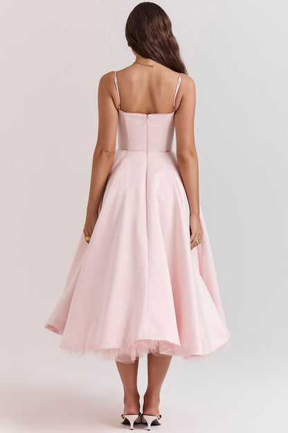 Elegant Midi Dress for Women Bustier Satin Flared