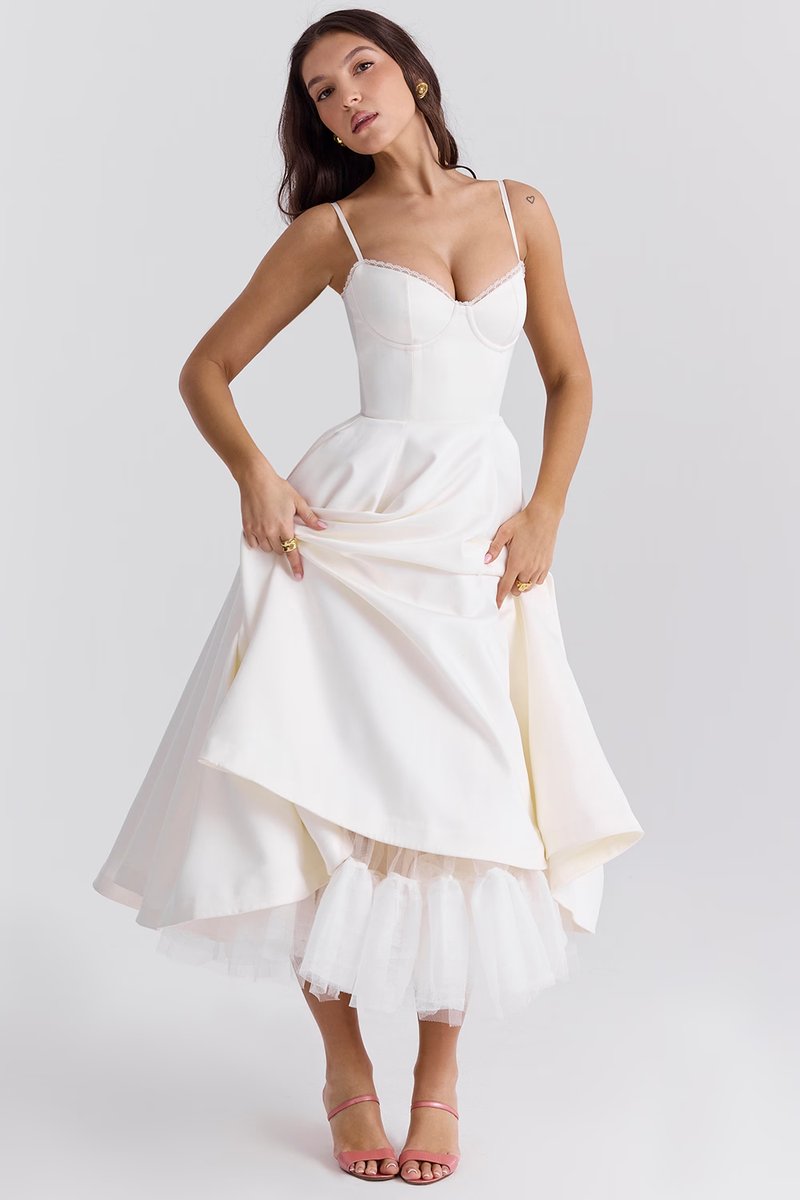 Elegant Midi Dress for Women Bustier Satin Flared