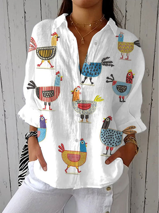 Effortless Blouse for Women Button-Front Long-Sleeve Hen-Print