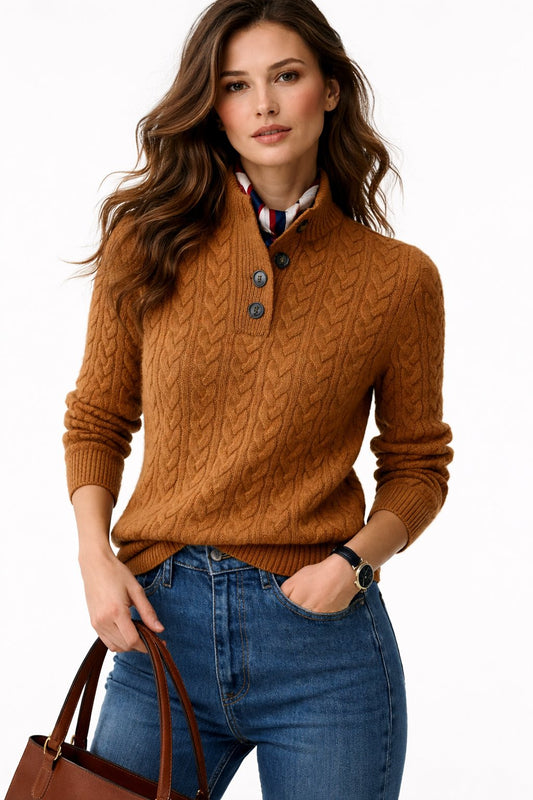 Comfortable Sweater for Women Cable-Knit Button-Neck Pullover