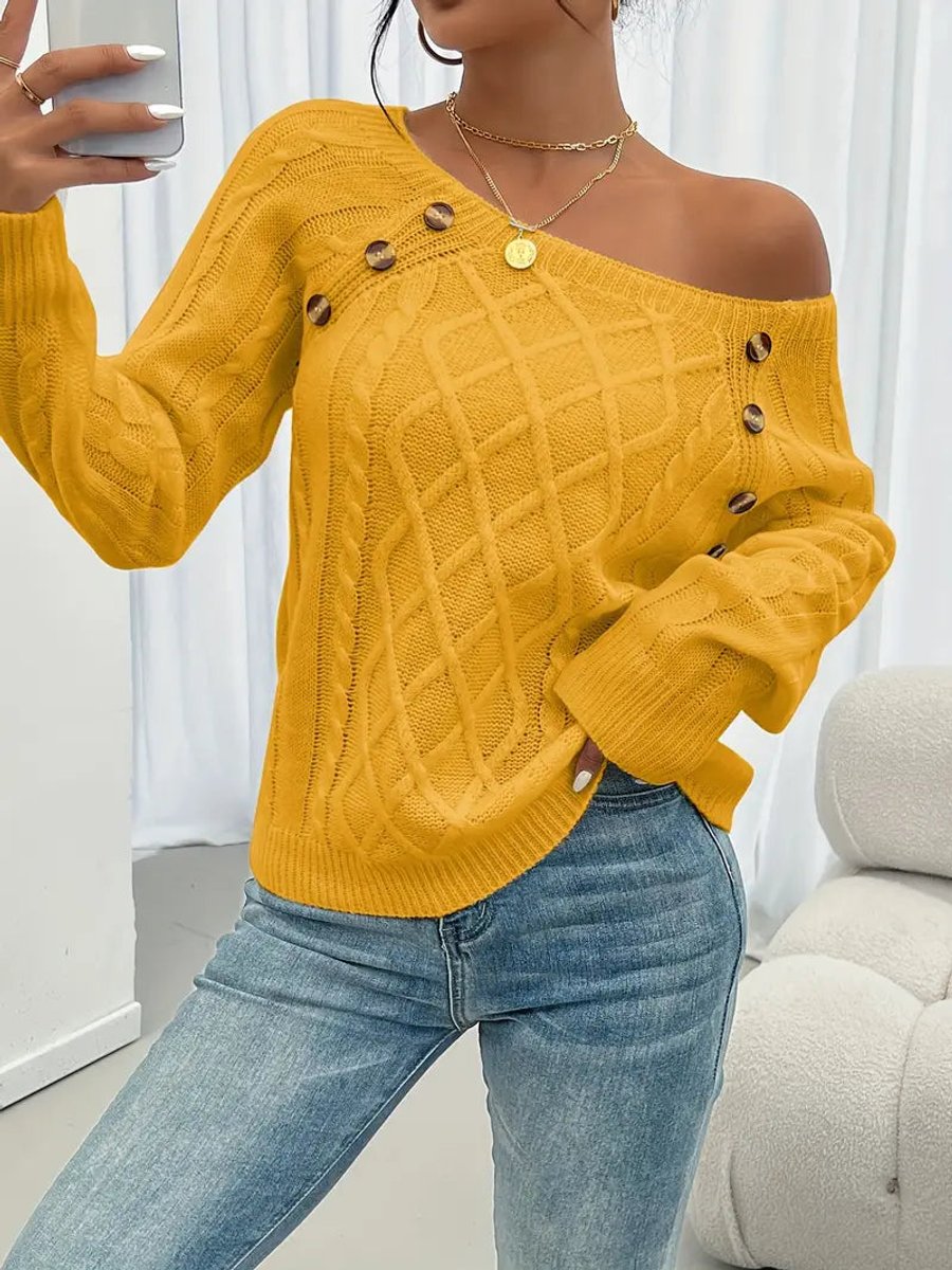 Comfortable Pullover Sweater for Women Cable-Knit Button-Detail