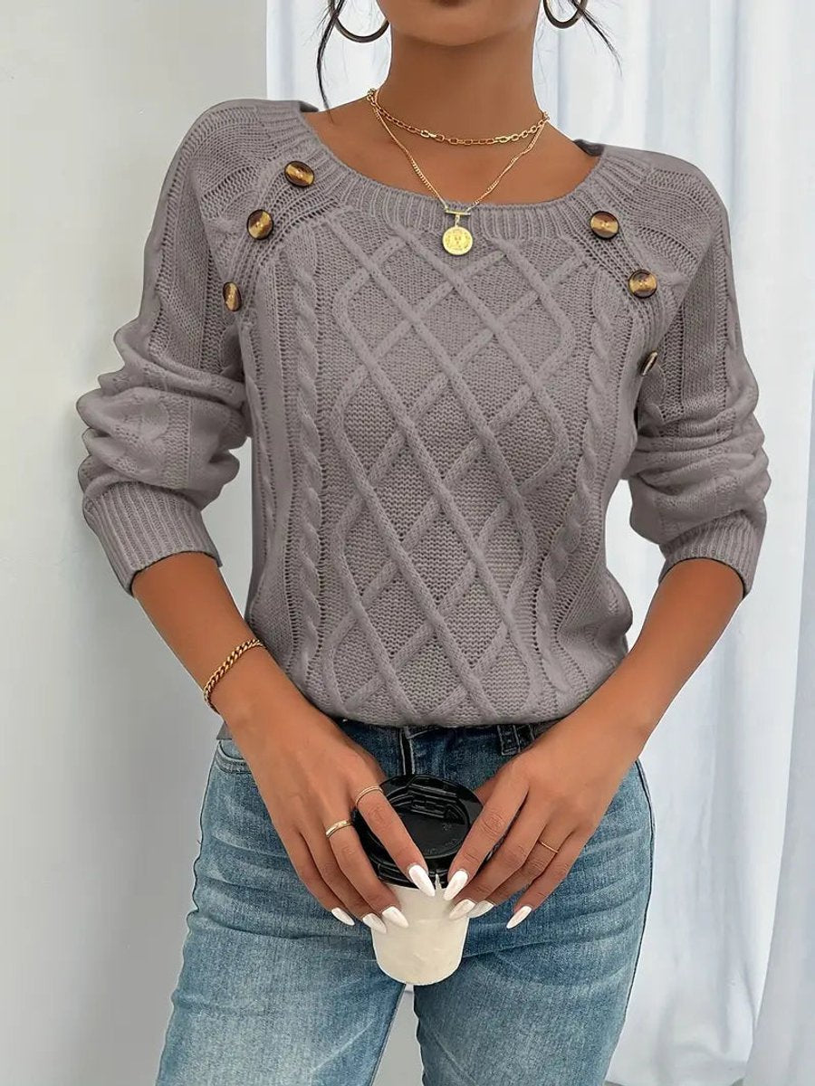 Comfortable Pullover Sweater for Women Cable-Knit Button-Detail