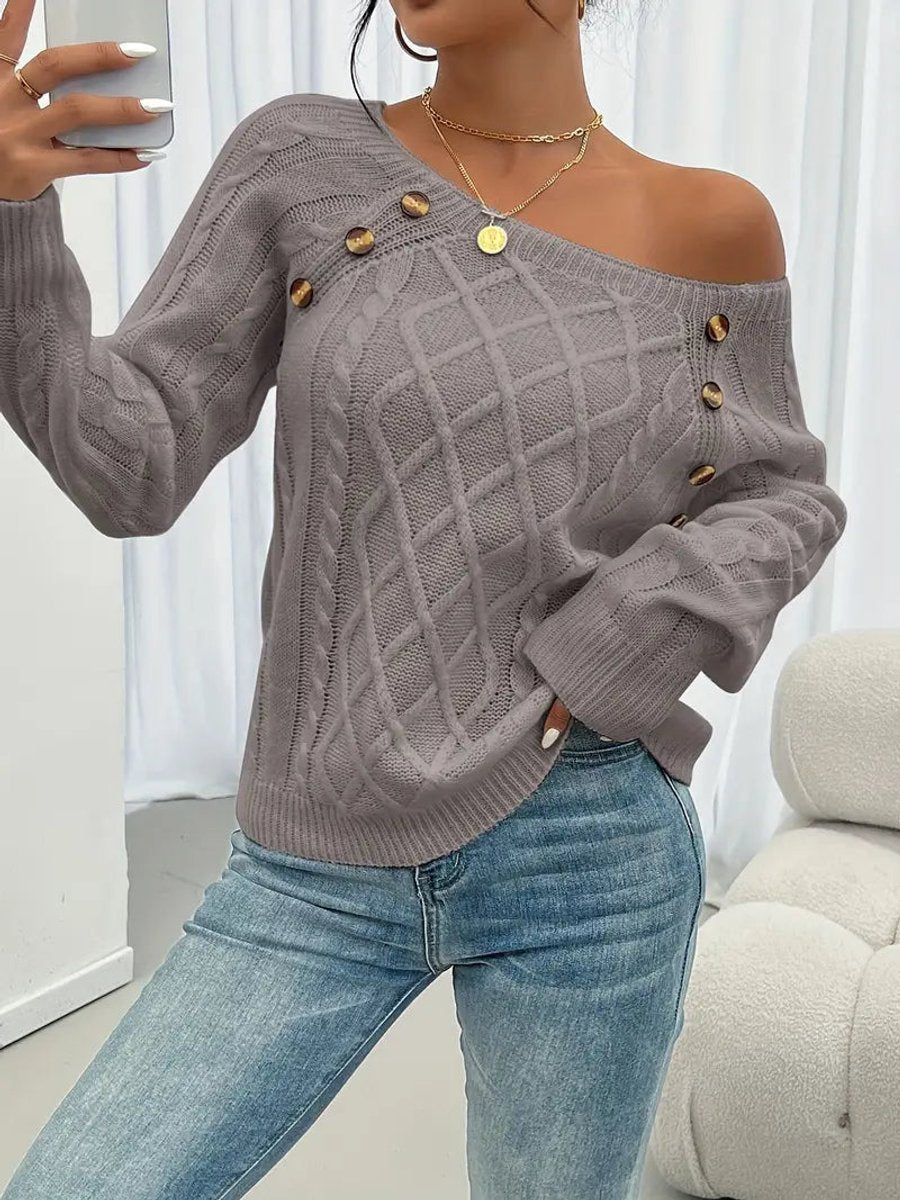 Comfortable Pullover Sweater for Women Cable-Knit Button-Detail