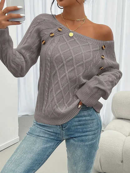 Comfortable Pullover Sweater for Women Cable-Knit Button-Detail
