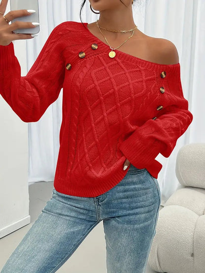 Comfortable Pullover Sweater for Women Cable-Knit Button-Detail