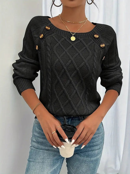 Comfortable Pullover Sweater for Women Cable-Knit Button-Detail
