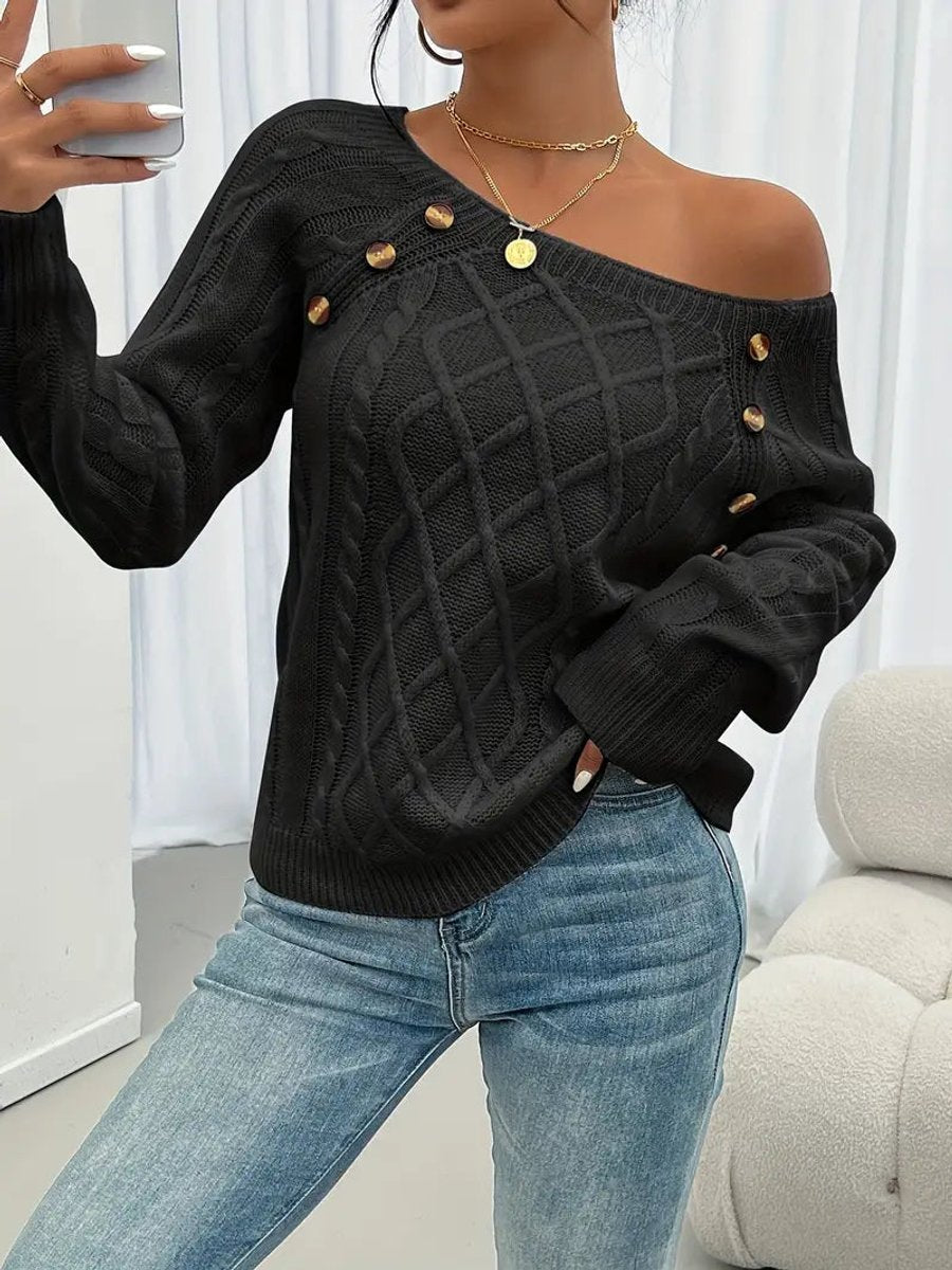Comfortable Pullover Sweater for Women Cable-Knit Button-Detail