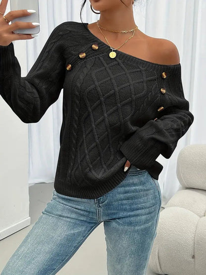 Comfortable Pullover Sweater for Women Cable-Knit Button-Detail