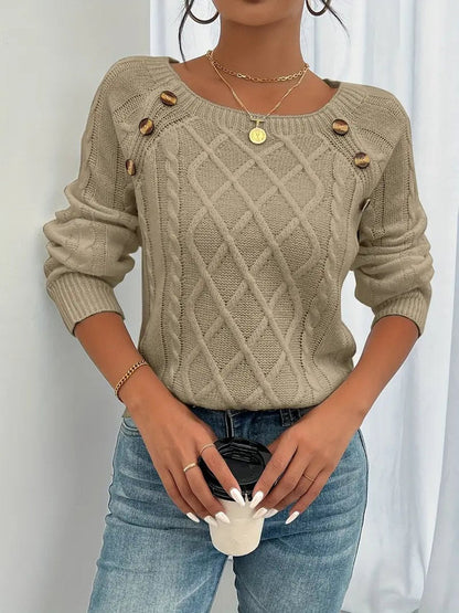 Comfortable Pullover Sweater for Women Cable-Knit Button-Detail