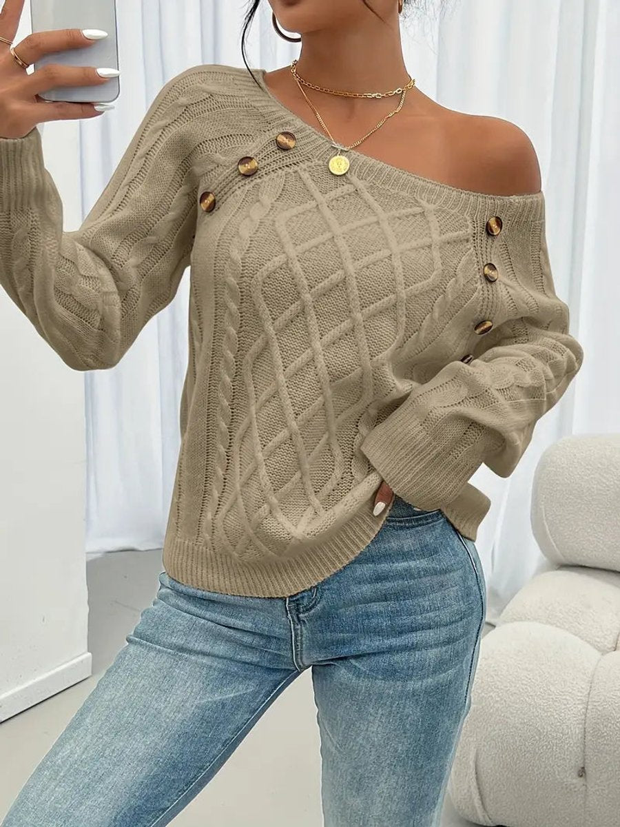 Comfortable Pullover Sweater for Women Cable-Knit Button-Detail