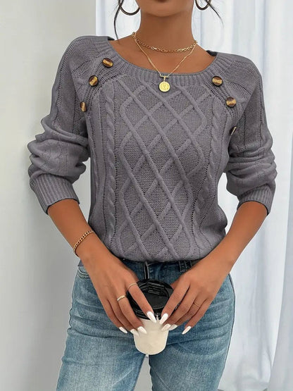 Comfortable Pullover Sweater for Women Cable-Knit Button-Detail