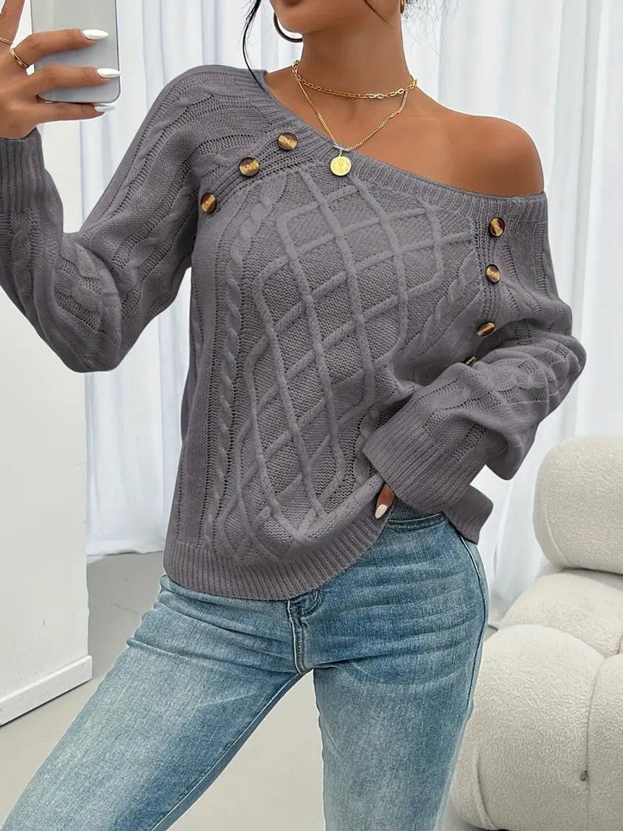 Comfortable Pullover Sweater for Women Cable-Knit Button-Detail