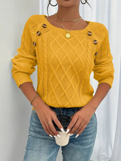 Comfortable Pullover Sweater for Women Cable-Knit Button-Detail