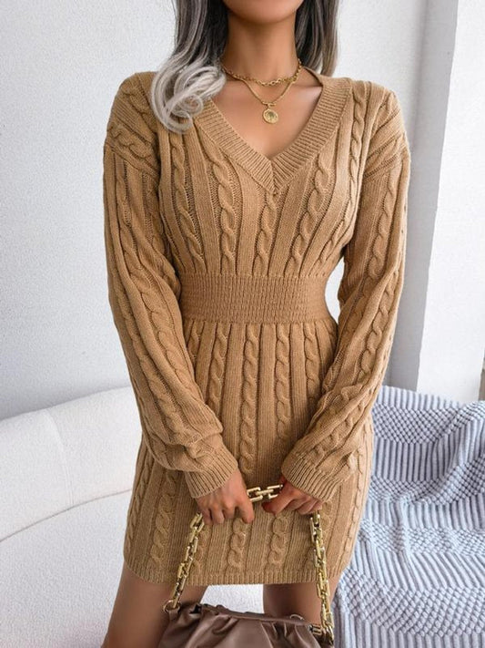 Comfortable Sweater Dress for Women Cable-Knit V-Neck Long-Sleeve