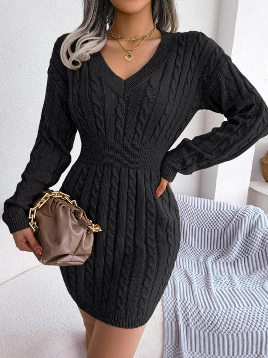 Comfortable Sweater Dress for Women Cable-Knit V-Neck Long-Sleeve