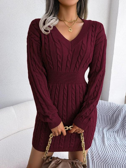 Comfortable Sweater Dress for Women Cable-Knit V-Neck Long-Sleeve