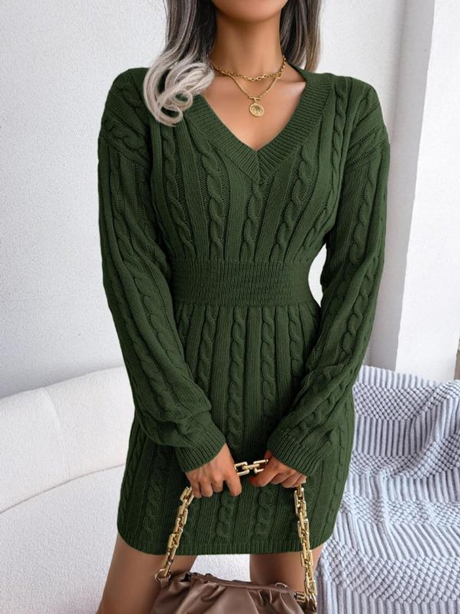 Comfortable Sweater Dress for Women Cable-Knit V-Neck Long-Sleeve