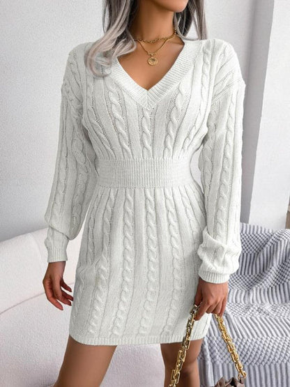 Comfortable Sweater Dress for Women Cable-Knit V-Neck Long-Sleeve