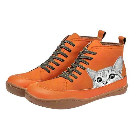 Stylish Ankle Boots for Women High-Top Lace-Up Cat-Print