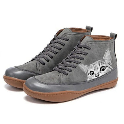 Stylish Ankle Boots for Women High-Top Lace-Up Cat-Print