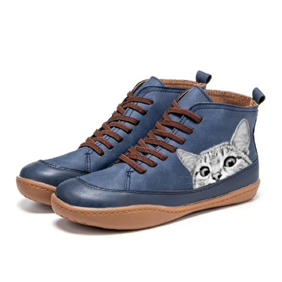 Stylish Ankle Boots for Women High-Top Lace-Up Cat-Print